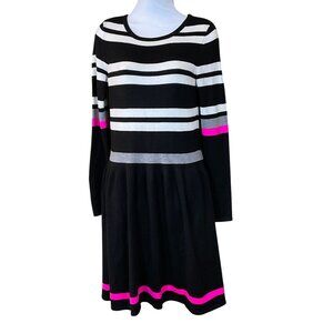 Vince Camuto Long Sleeve Black White Pink Striped Sweater Dress Fit n Flare S